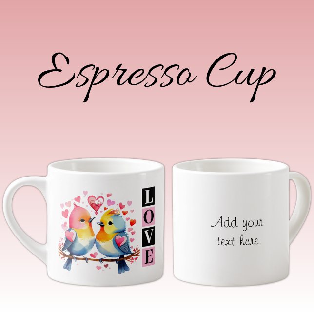Valentine lovebirds custom text pink espressomugg (Skapare uppladdad)