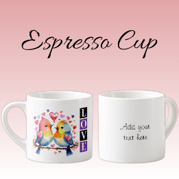 Valentine lovebirds custom text purple espressomugg