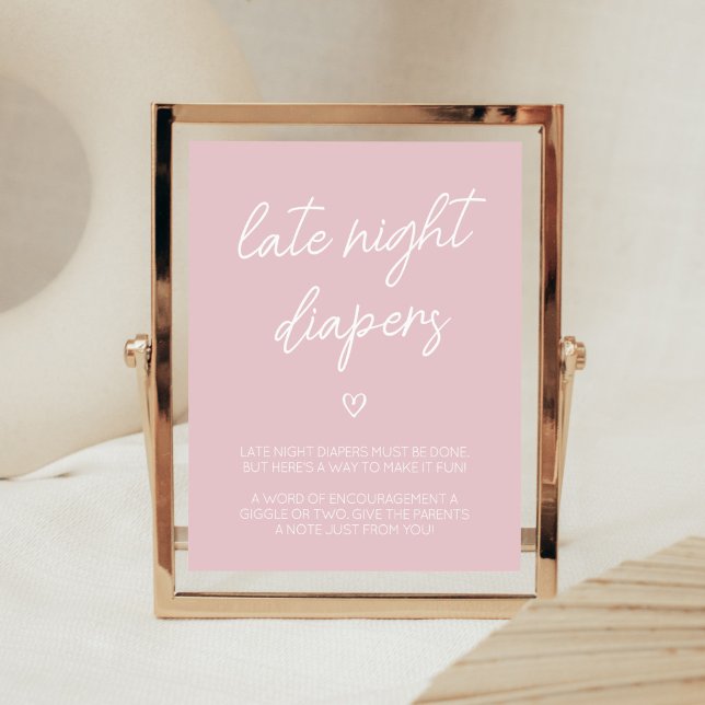Valentine Minimalist Heart Late Night Diables Poster (Pink A Little Sweetheart Baby Shower Late Night Diapers Sign)
