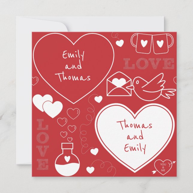 Valentine Mönster Flat Card - vit på röd (Framsida)