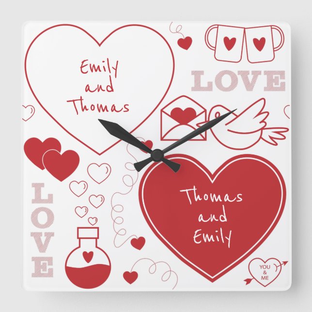 Valentine Mönster Wall Clock - Red on White Fyrkantig Klocka (Framsida)