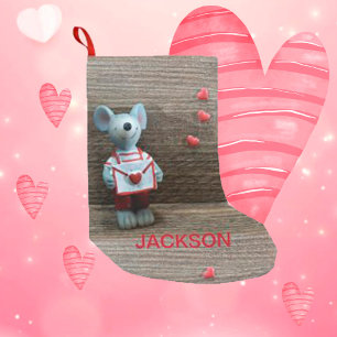 Valentine Mouse och Hearts på Land Rustic Wood Liten Julstrumpa