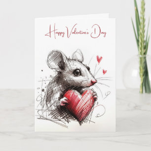 Valentine Mouse with Red Heart Kort