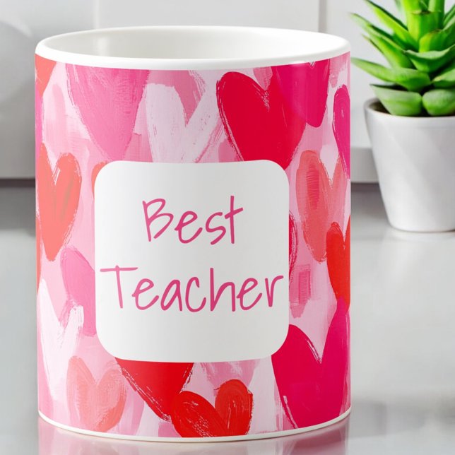Valentine Multi Hearts Mönster Rosa Best Teacher Kaffemugg (Skapare uppladdad)
