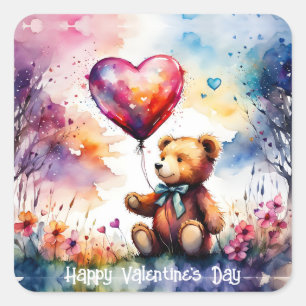 Valentine Nalle med Heart Balloon Fyrkantigt Klistermärke
