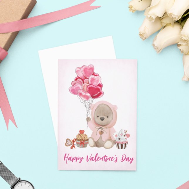 Valentine Nalle med hjärtballonger Kort (Skapare uppladdad)