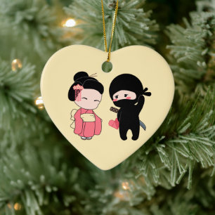 Valentine Ninja och Geisha på Gulten Julgransprydnad Keramik