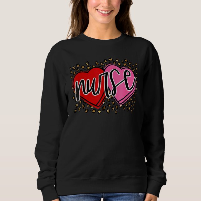 Valentine Nurse Retro Heart Leopard Happy Valentin T Shirt (Framsida)
