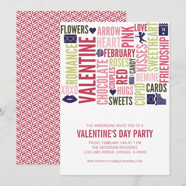 Valentine Ord Valentine Day Party Card Inbjudningar (Fram/baksida)