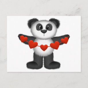 Valentine Panda Bear Holding String of Red Hearts Helg Vykort