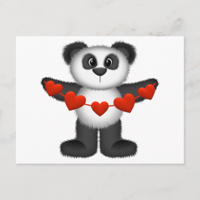 Valentine Panda Bear Holding String of Red Hearts Helg Vykort (Framsida)