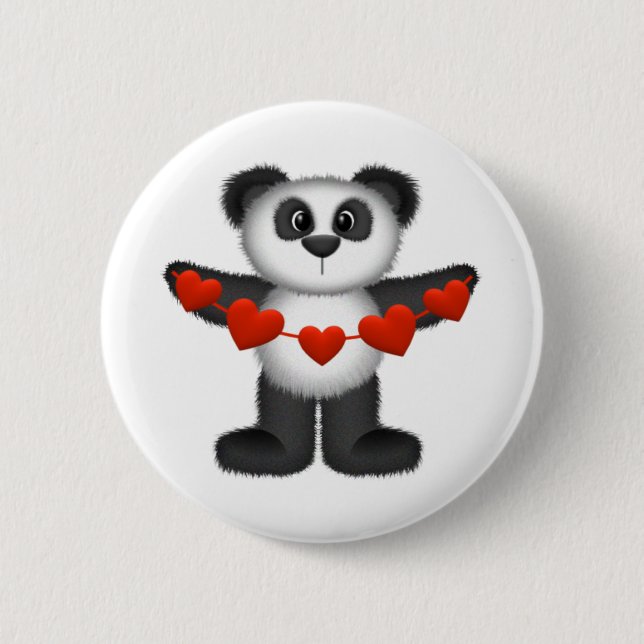 Valentine Panda Bear Holding String of Red Hearts Knapp (Framsida)