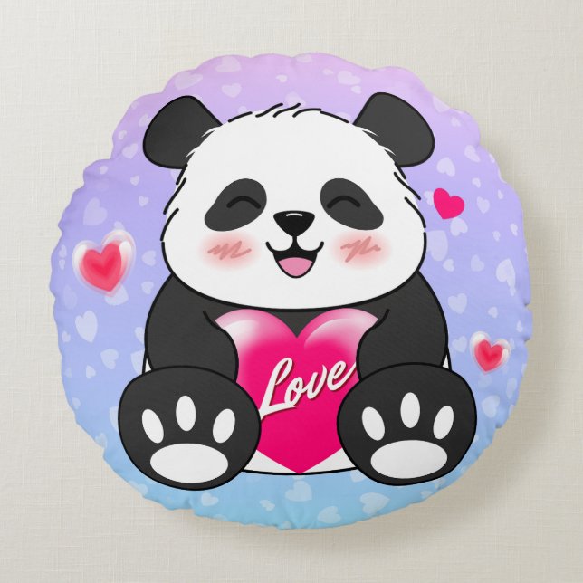 Valentine Panda i Kärlek Rund Kudde (Framsidan)