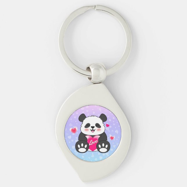 Valentine Panda i Kärlek Swirl Silverfärgad Nyckelring (Framsidan)