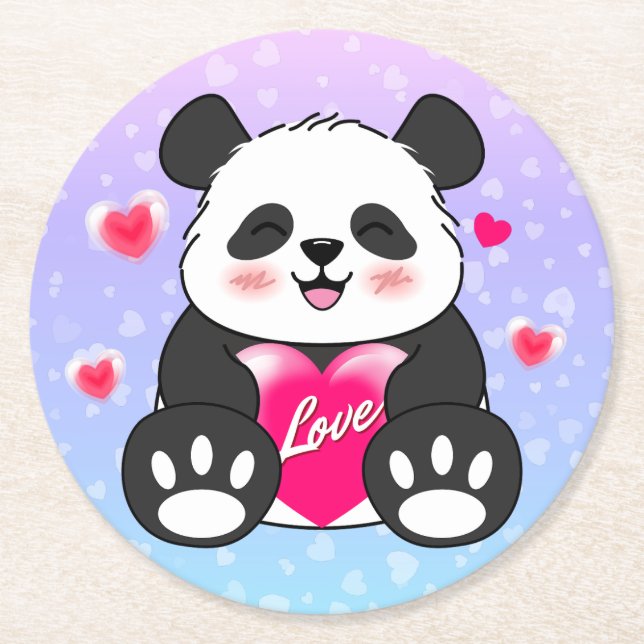 Valentine Panda i Kärlek Underlägg Papper Rund (Framsidan)