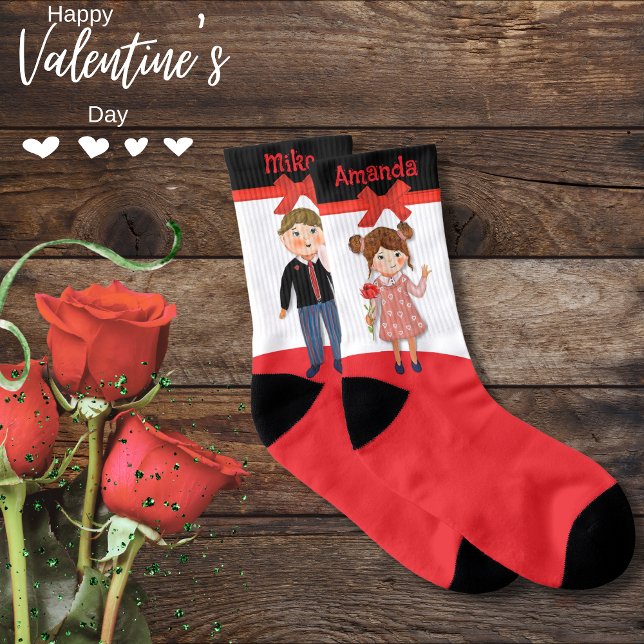 Valentine par Red White Black Bow Strumpor (Valentine Couple Red White Black Red Bow Socks)