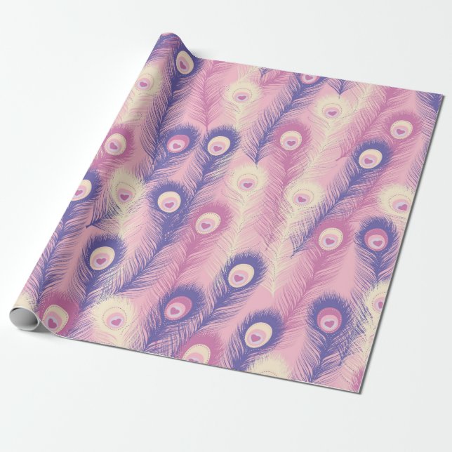 Valentine Peacock Feather Seamless Mönster i Rosa Presentpapper (Utrullad)