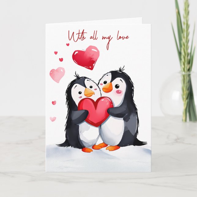 Valentine Penguins with Red Hearts Helgkort (Framsida)