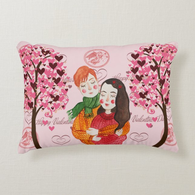 Valentine Pillow med Cute Couple & Heart Träd Prydnadskudde (Framsidan)