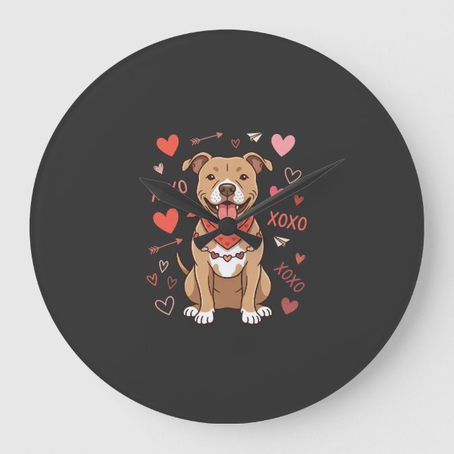 Valentine Pitbull Hund XOXO Kärleksdesign Stor Klocka (Framsida)