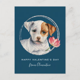 Valentine Puppy Holiding Flower Vykort