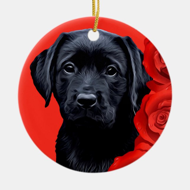 Valentine Puppy Ro - Labrador - Svart lab Julgransprydnad Keramik (Framsidan)