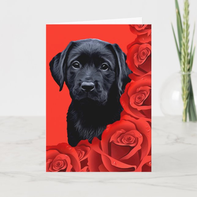 Valentine Puppy Rosor - Labrador - Svart lab Helgkort (Framsida)