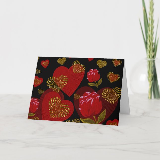 Valentine Red Guld röd ros i svart på svart Helgkort (Framsida)