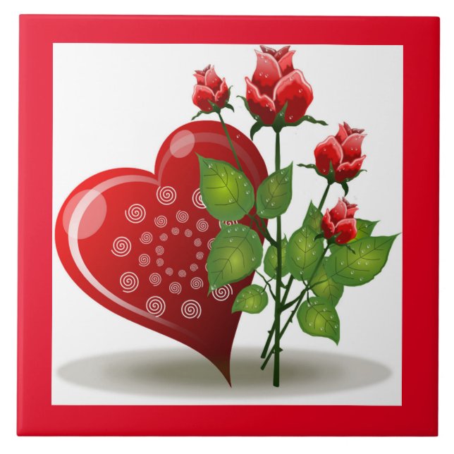 VALENTINE RED HEART AND RÖD ROS CERAMIC TILE KAKELPLATTA (Framsidan)