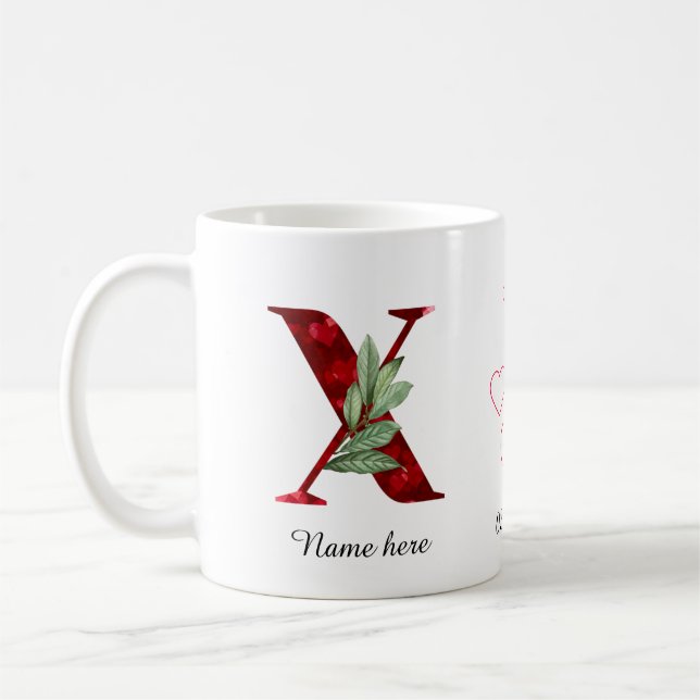 Valentine Red Heart Floral Letter X Initial Mug Kaffemugg (Vänster)