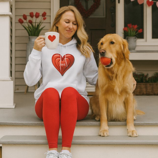 Valentine Red Heart Sweatshirt Tee Shirt (Valentine’s hoodie with red heart and “Love” text—cozy style for dog lovers and porch moments.)