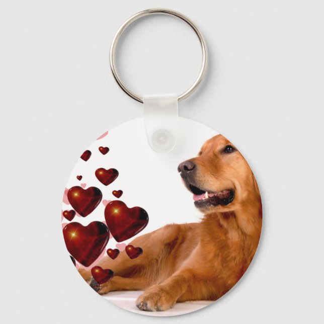 Valentine Red Hearts Golden Retriever Hund Nyckelring (Framsida)