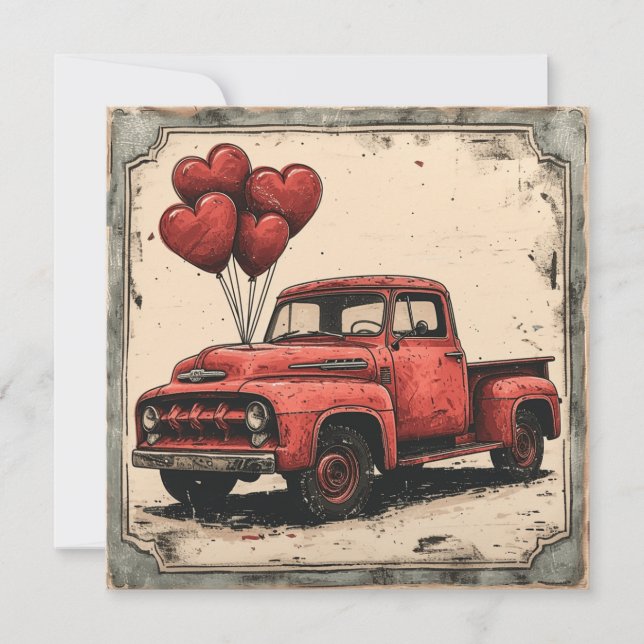 Valentine Red Lastbil: Vintage Hearts Julkort (Framsida)