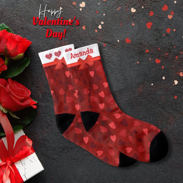 Valentine Red Multi Hearts Bow Strumpor (Valentine Red Multi Hearts Bow Socks)