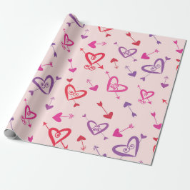 Valentine Red Rosa Lila Hearts med pilar Presentpapper