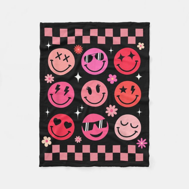 Valentine Retro Groovy Rosa Glad Ansikte  Fleecefilt (Framsidan)