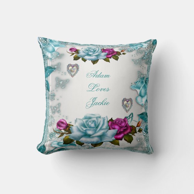 Valentine Ro White Blue Teal Rosa Blommigt Kudde (Framsida)