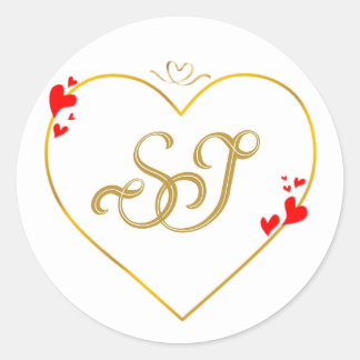 Valentine röda hjärtan guldmonogram bröllops kuver runt klistermärke