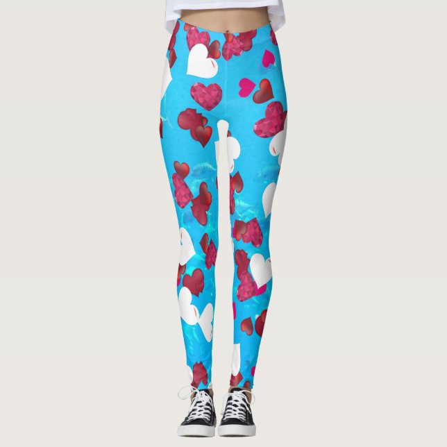 Valentine Romantic Sweeping Hearts Aqua Blue Ocean Leggings (Framsida)