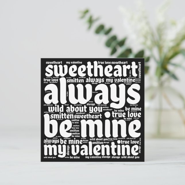 Valentine Romantic WordArt White Text Black Julkort (Stående Fram)
