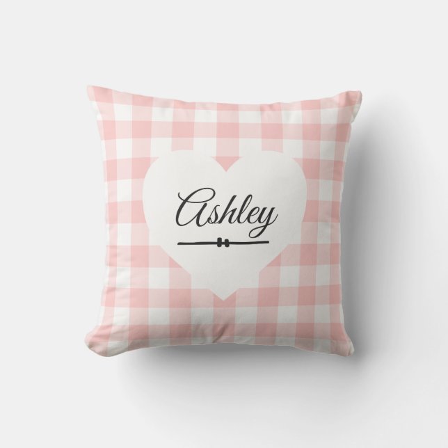 Valentine Rosa Gingham White Heart Monogram Namn Kudde (Framsida)