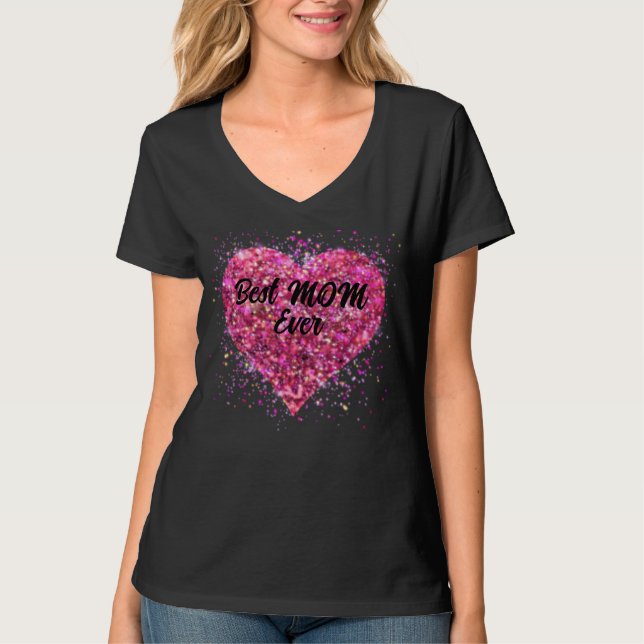 Valentine Rosa glitter hjärta best Mamma någonsin T Shirt (Framsida)
