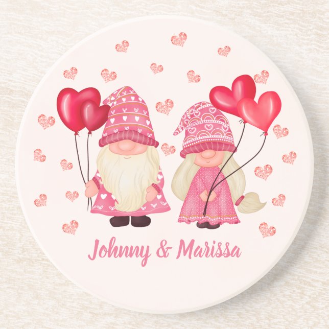 Valentine Rosa Gnome Red Hearts Couple Namn Underlägg (Framsidan)