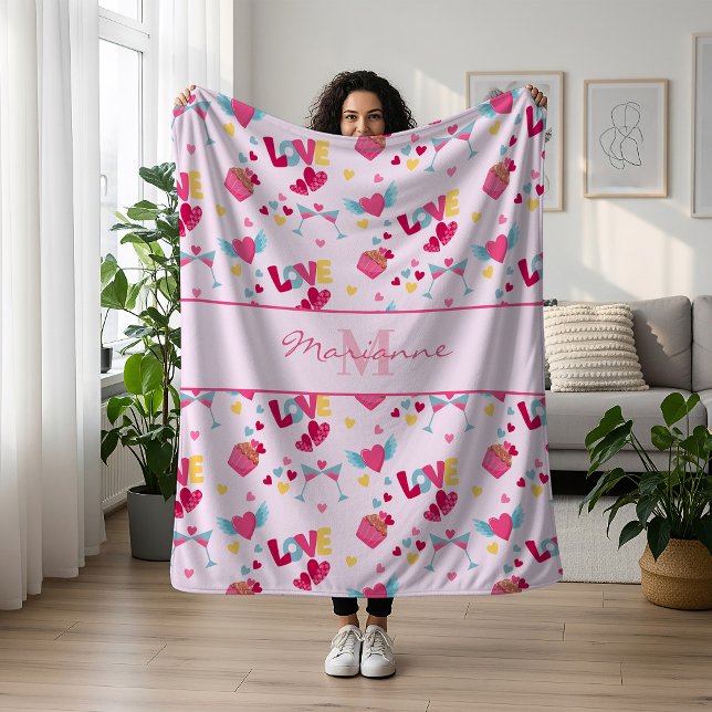 Valentine Rosa Kärlek Brev Mönster Elegant Namn Fleecefilt (Skapare uppladdad)