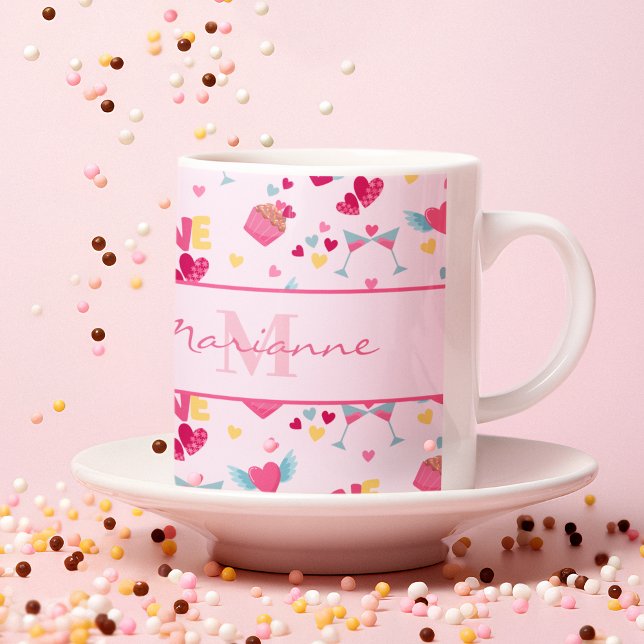 Valentine Rosa Kärlek Brev Mönster Elegant Namn Kaffemugg (Skapare uppladdad)