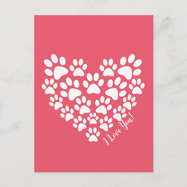 Valentine Rosa Paw Print Heart Vykort (Framsida)