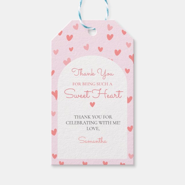Valentine Rosa Peach Hearts Birthday Presentetikett (Framsidan)