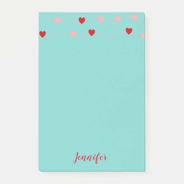 Valentine Rosa Red Teal String Hearts Personlig Post-it Block (Framsida)