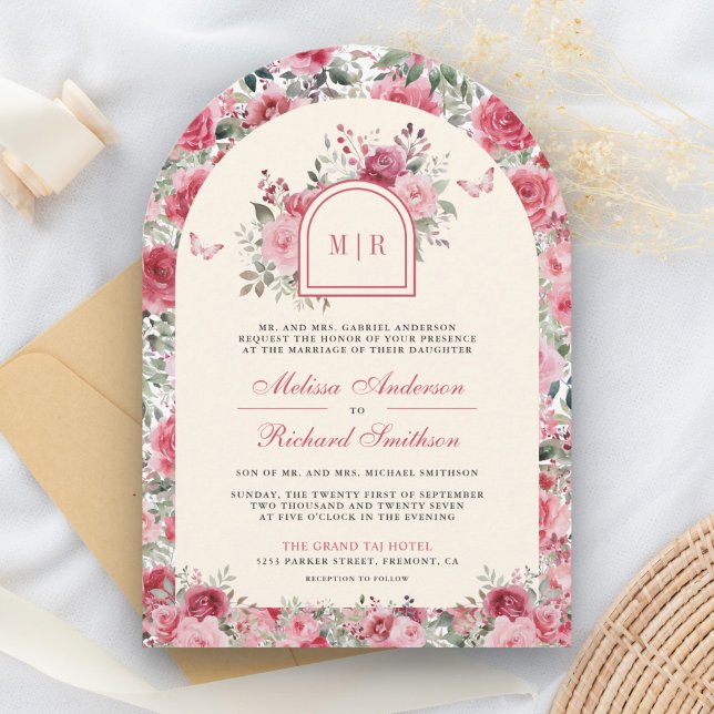 Valentine Rosa Röd ros Butterfly Cream Bröllop Inbjudningar (Skapare uppladdad)