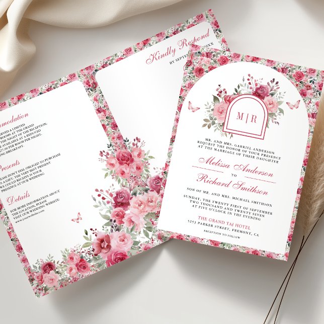 Valentine Rosa Röda Rosor Fjäril Bröllop Inbjudan (Skapare uppladdad)